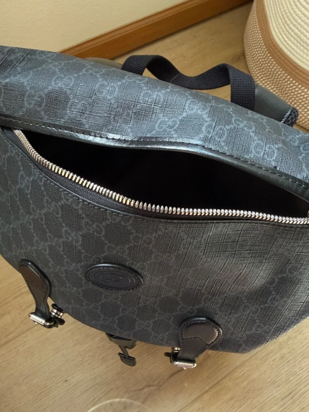 Gucci GG Supreme Black Canvas & Leather Double Buckle Backpack